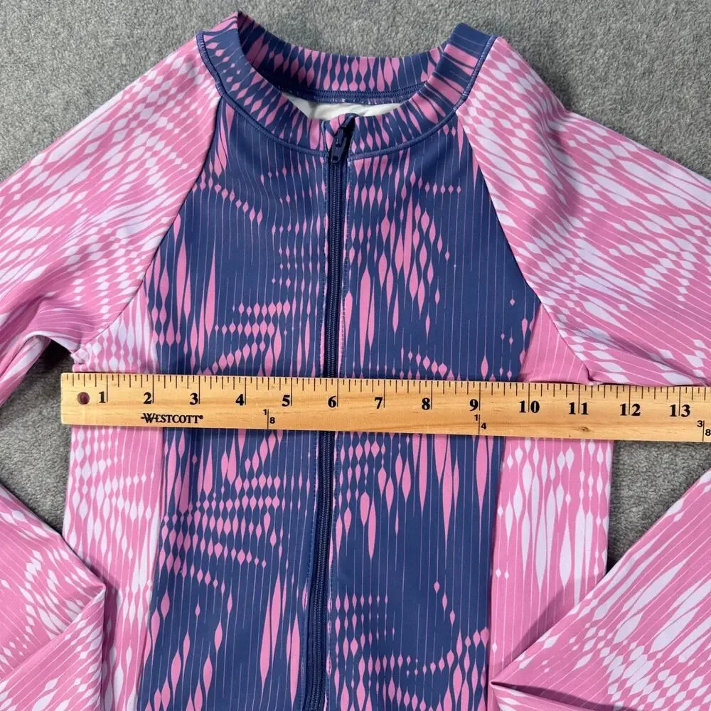 Zella Girls Size 12 Long Sleeve One Piece Swimsuit Zip Up Pink/Blue High Neck